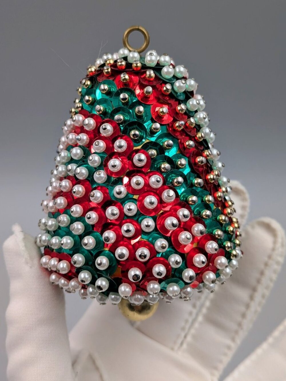 Mid Century Vintage Sequin & Pearl Pin Ornament | Red and Green Bell